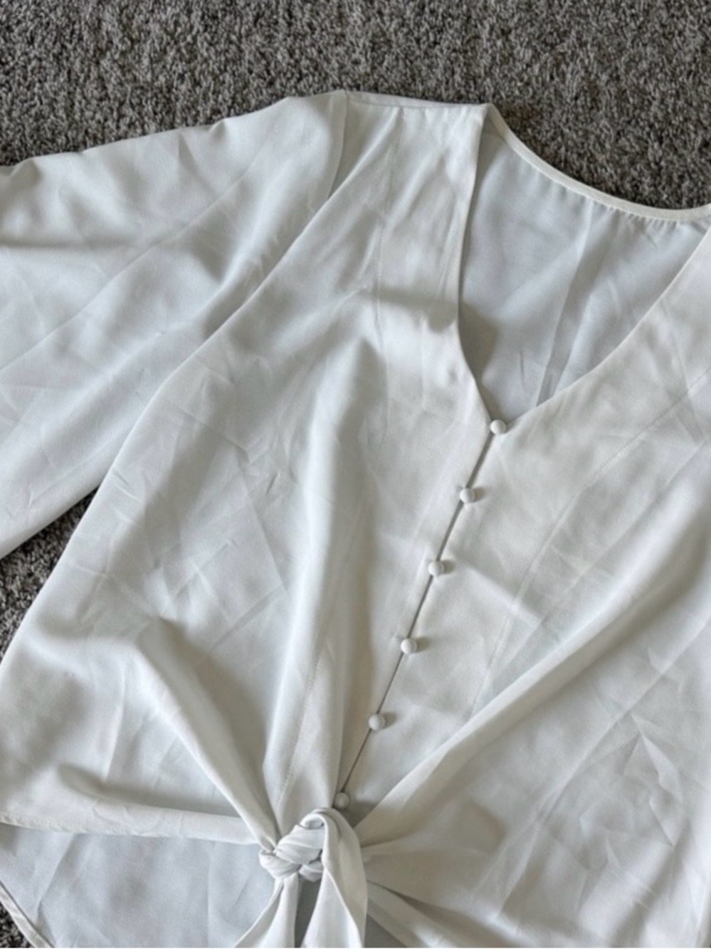 White Tie-Front V-Neck Button Blouse